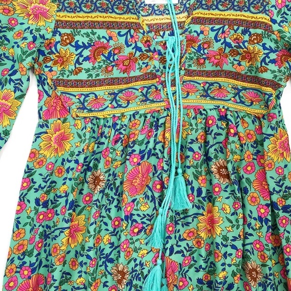 Folk Town Boho Turquoise Maxi DRESS Floral Cotton - Picture 7 of 7